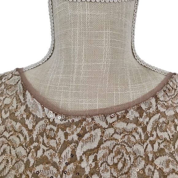 XSCAPE size 4 tan midi dress with gold sparkles and built in bra - Picture 13 of 14